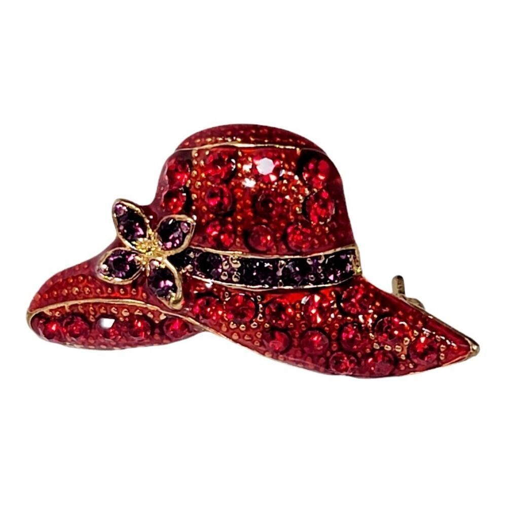 Vintage Red Hat Society Rhinestone‎ Paved Brooch Pin Pendant Gold Tone